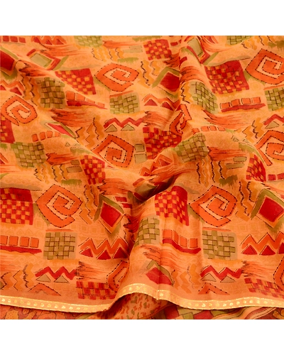 Sanskriti Vintage Orange Indian Sarees Pure Georgette Silk Sari 5Yd Craft Fabric, PRG-10861-Orange-Printed Floral Design-Pure Georgette Silk-6