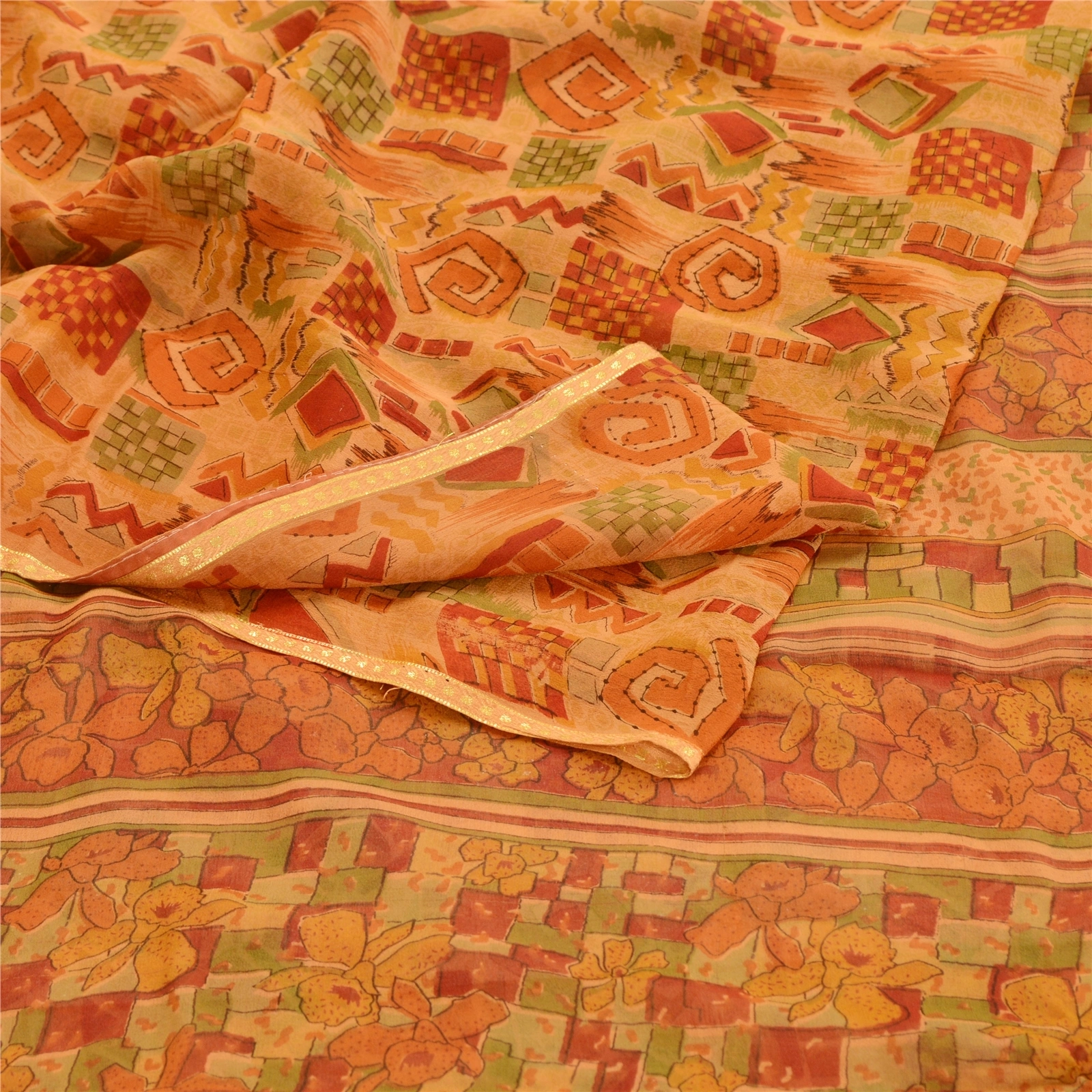 Sanskriti Vintage Orange Indian Sarees Pure Georgette Silk Sari 5Yd Craft Fabric, PRG-10861-Orange-Printed Floral Design-Pure Georgette Silk-7