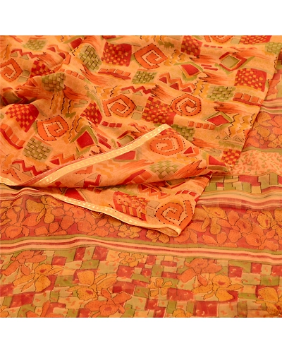 Sanskriti Vintage Orange Indian Sarees Pure Georgette Silk Sari 5Yd Craft Fabric, PRG-10861-Orange-Printed Floral Design-Pure Georgette Silk-7