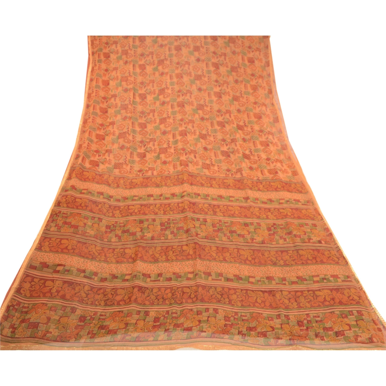 Sanskriti Vintage Orange Indian Sarees Pure Georgette Silk Sari 5Yd Craft Fabric, PRG-10861-Orange-Printed Floral Design-Pure Georgette Silk-8