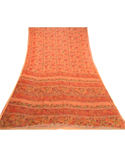 Sanskriti Vintage Orange Indian Sarees Pure Georgette Silk Sari 5Yd Craft Fabric, PRG-10861-Orange-Printed Floral Design-Pure Georgette Silk-8