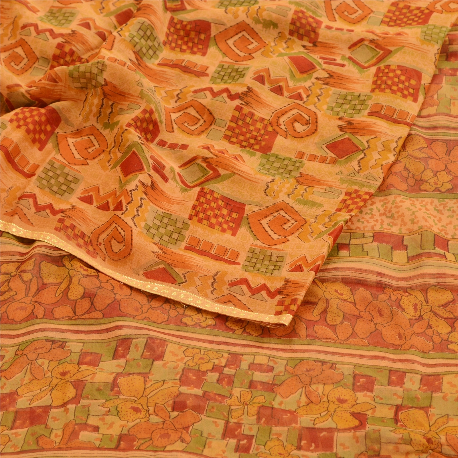 Sanskriti Vintage Orange Indian Sarees Pure Georgette Silk Sari 5Yd Craft Fabric, PRG-10861-Orange-Printed Floral Design-Pure Georgette Silk-9