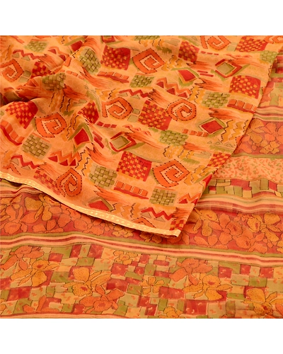 Sanskriti Vintage Orange Indian Sarees Pure Georgette Silk Sari 5Yd Craft Fabric, PRG-10861-Orange-Printed Floral Design-Pure Georgette Silk-9