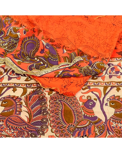 Sanskriti Vintage Orange Peacock Sarees Blend Georgette Sari Print Craft Fabric, PRG-10877-Orange-Printed Floral Design-Blend Georgette-1