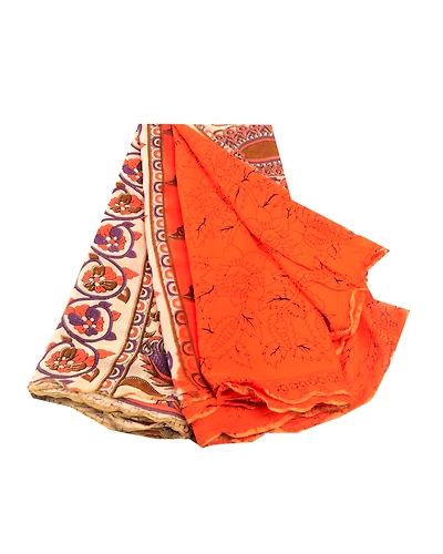 Sanskriti Vintage Orange Peacock Sarees Blend Georgette Sari Print Craft Fabric, PRG-10877-Orange-Printed Floral Design-Blend Georgette-2