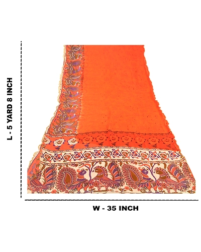 Sanskriti Vintage Orange Peacock Sarees Blend Georgette Sari Print Craft Fabric, PRG-10877-Orange-Printed Floral Design-Blend Georgette-3