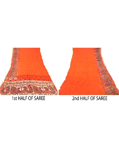Sanskriti Vintage Orange Peacock Sarees Blend Georgette Sari Print Craft Fabric, PRG-10877-Orange-Printed Floral Design-Blend Georgette-5