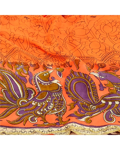 Sanskriti Vintage Orange Peacock Sarees Blend Georgette Sari Print Craft Fabric, PRG-10877-Orange-Printed Floral Design-Blend Georgette-6