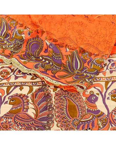 Sanskriti Vintage Orange Peacock Sarees Blend Georgette Sari Print Craft Fabric, PRG-10877-Orange-Printed Floral Design-Blend Georgette-9