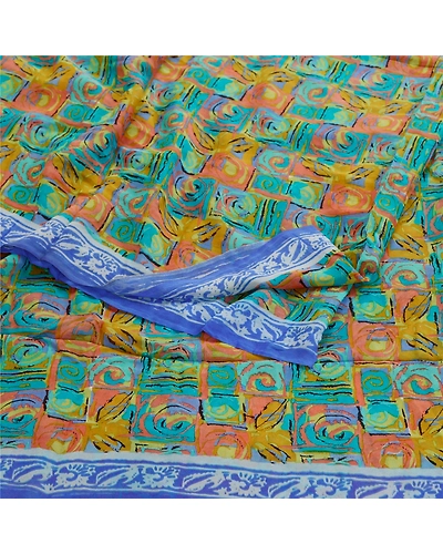 Sanskriti Vintage Multi Sarees Pure Georgette Silk Sari Printed 5Yd Craft Fabric, PRG-10892-Multi-Printed Floral Design-Pure Georgette Silk-7