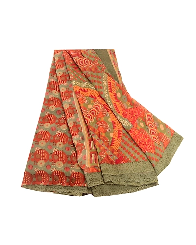 Sanskriti Vintage Red Sarees Pure Georgette Silk Sari Printed 5Yd Craft Fabric, PRG-10905-Red-Printed Floral Design-Pure Georgette Silk-2