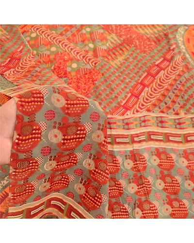 Sanskriti Vintage Red Sarees Pure Georgette Silk Sari Printed 5Yd Craft Fabric, PRG-10905-Red-Printed Floral Design-Pure Georgette Silk-4