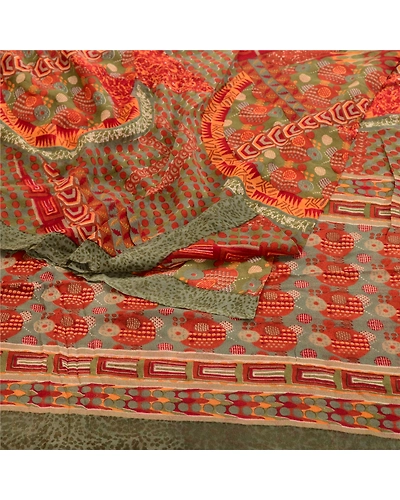 Sanskriti Vintage Red Sarees Pure Georgette Silk Sari Printed 5Yd Craft Fabric, PRG-10905-Red-Printed Floral Design-Pure Georgette Silk-7