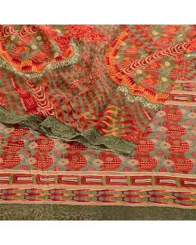 Sanskriti Vintage Red Sarees Pure Georgette Silk Sari Printed 5Yd Craft Fabric, PRG-10905-Red-Printed Floral Design-Pure Georgette Silk-9