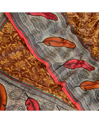 Sanskriti Vintage Brown Sarees Pure Georgette Silk Printed Sari 5Yd Craft Fabric, PRG-10921-Brown-Printed Floral Design-Pure Georgette Silk-1