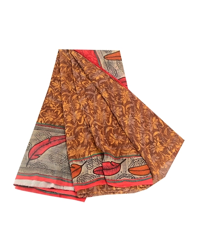 Sanskriti Vintage Brown Sarees Pure Georgette Silk Printed Sari 5Yd Craft Fabric, PRG-10921-Brown-Printed Floral Design-Pure Georgette Silk-2