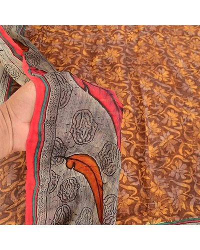 Sanskriti Vintage Brown Sarees Pure Georgette Silk Printed Sari 5Yd Craft Fabric, PRG-10921-Brown-Printed Floral Design-Pure Georgette Silk-4
