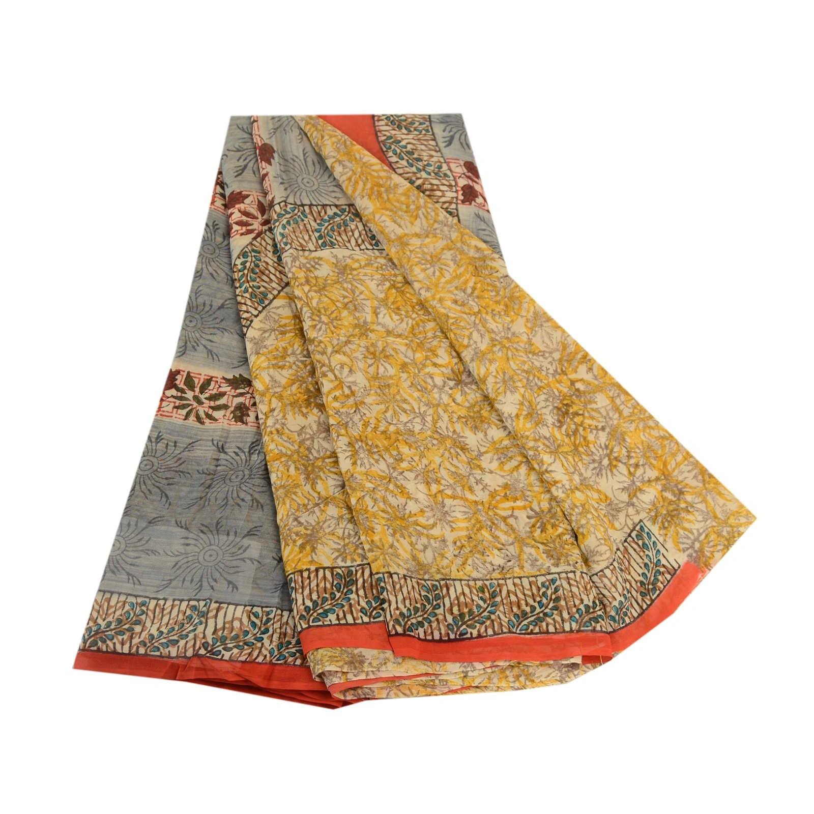 Sanskriti Vintage Yellow Sarees Pure Georgette Silk Printed Sari Craft Fabric, PRG-10930-Yellow-Printed Floral Design-Pure Georgette Silk-2