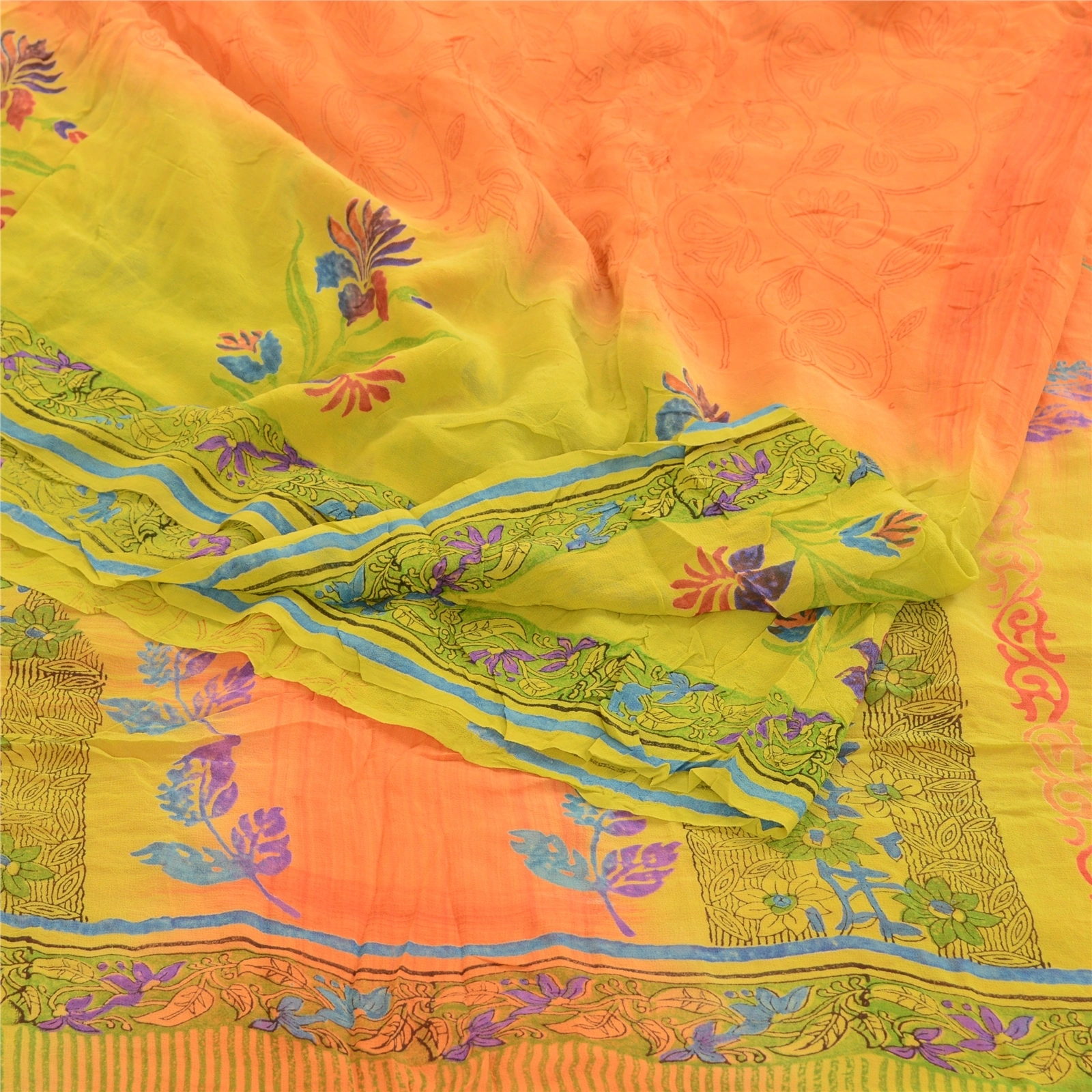 Sanskriti Vintage Orange Sarees Pure Georgette Silk Printed Sari Craft Fabric, PRG-10933-Orange-Printed Floral Design-Pure Georgette Silk-1