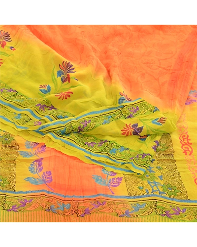 Sanskriti Vintage Orange Sarees Pure Georgette Silk Printed Sari Craft Fabric, PRG-10933-Orange-Printed Floral Design-Pure Georgette Silk-1