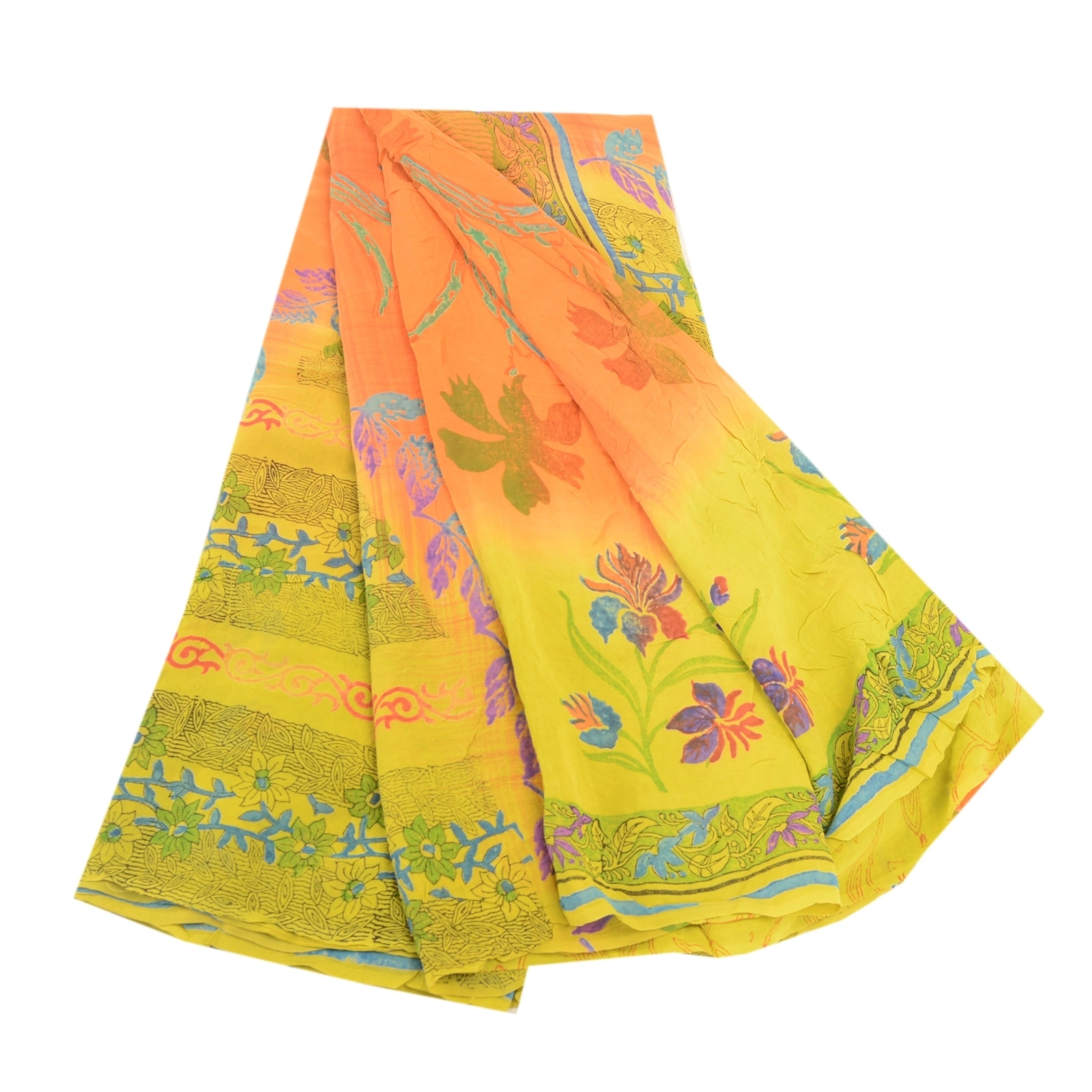 Sanskriti Vintage Orange Sarees Pure Georgette Silk Printed Sari Craft Fabric, PRG-10933-Orange-Printed Floral Design-Pure Georgette Silk-2