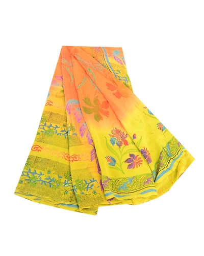 Sanskriti Vintage Orange Sarees Pure Georgette Silk Printed Sari Craft Fabric, PRG-10933-Orange-Printed Floral Design-Pure Georgette Silk-2