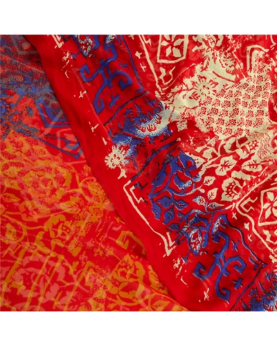 Sanskriti Vintage Red Sarees Georgette Printed Sari 5Yd Floral Soft Craft Fabric, PRG-10958-Red-Printed Floral Design-Poly Georgette-1