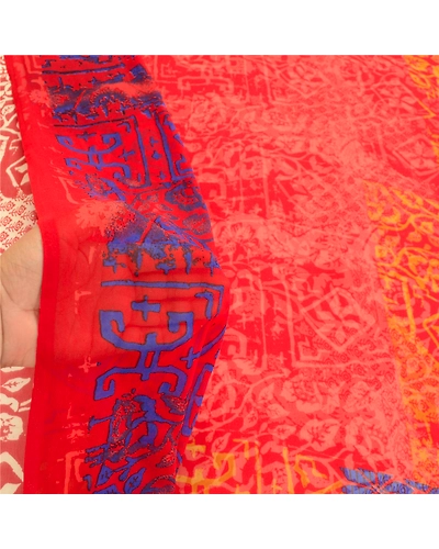 Sanskriti Vintage Red Sarees Georgette Printed Sari 5Yd Floral Soft Craft Fabric, PRG-10958-Red-Printed Floral Design-Poly Georgette-4