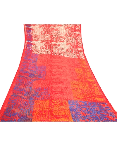 Sanskriti Vintage Red Sarees Georgette Printed Sari 5Yd Floral Soft Craft Fabric, PRG-10958-Red-Printed Floral Design-Poly Georgette-8