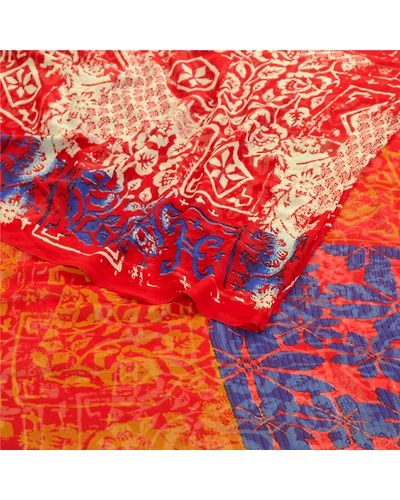 Sanskriti Vintage Red Sarees Georgette Printed Sari 5Yd Floral Soft Craft Fabric, PRG-10958-Red-Printed Floral Design-Poly Georgette-9