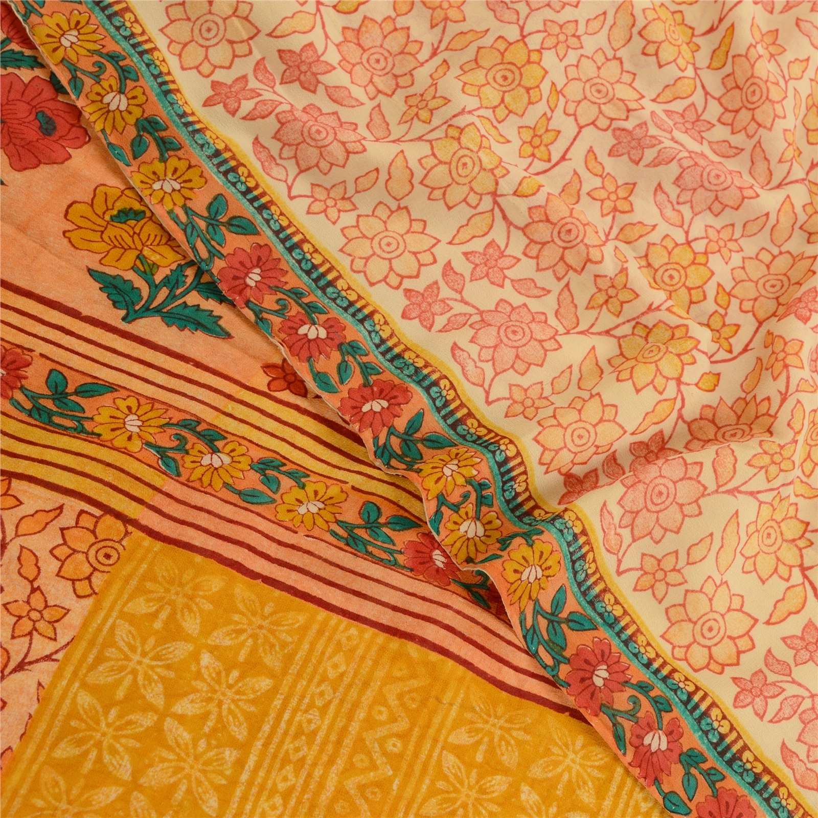 Sanskriti Vintage Peach Sarees Pure Georgette Silk Printed Sari 5Yd Craft Fabric, PRG-10971-Peach-Printed Floral Design-Pure Georgette Silk-1