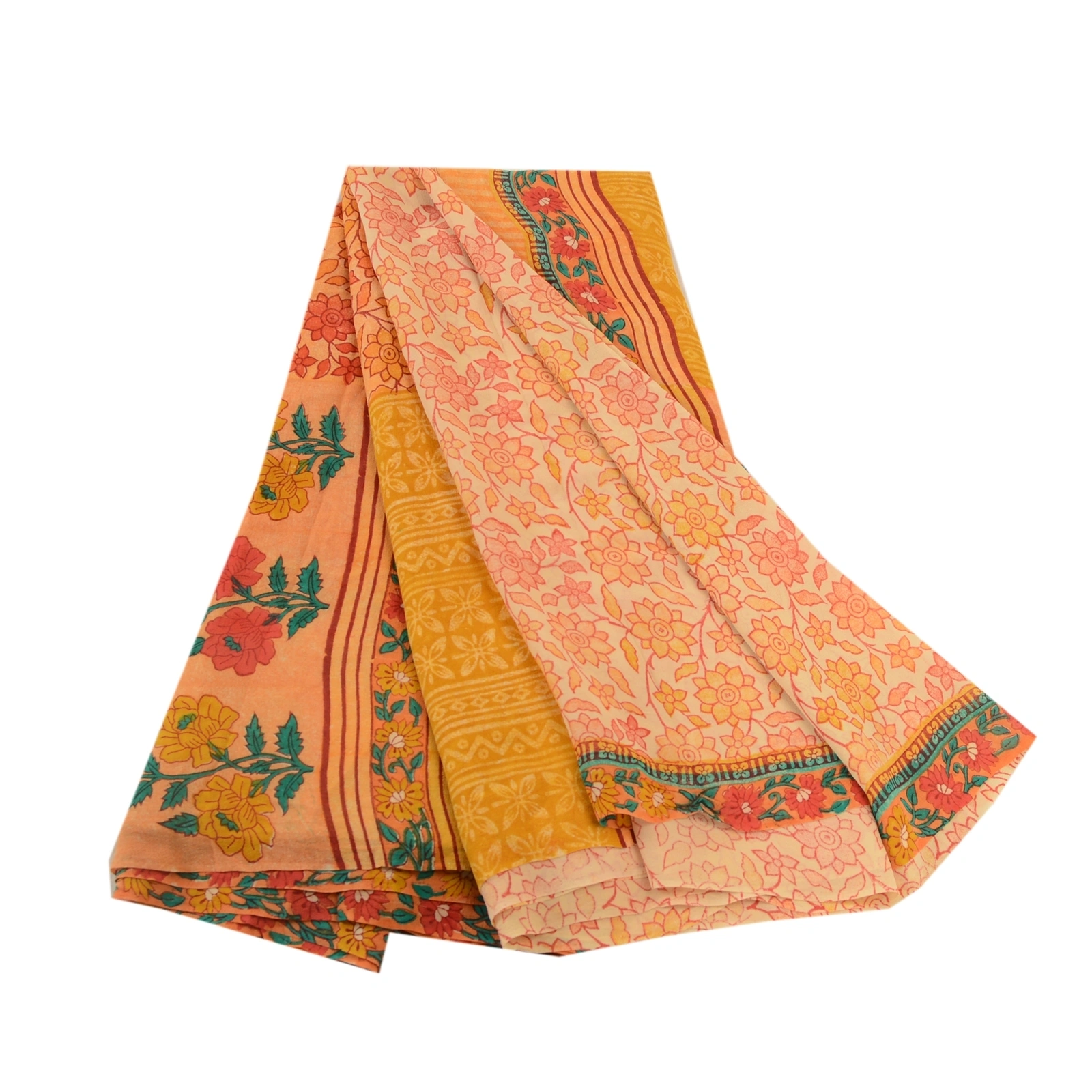 Sanskriti Vintage Peach Sarees Pure Georgette Silk Printed Sari 5Yd Craft Fabric, PRG-10971-Peach-Printed Floral Design-Pure Georgette Silk-2