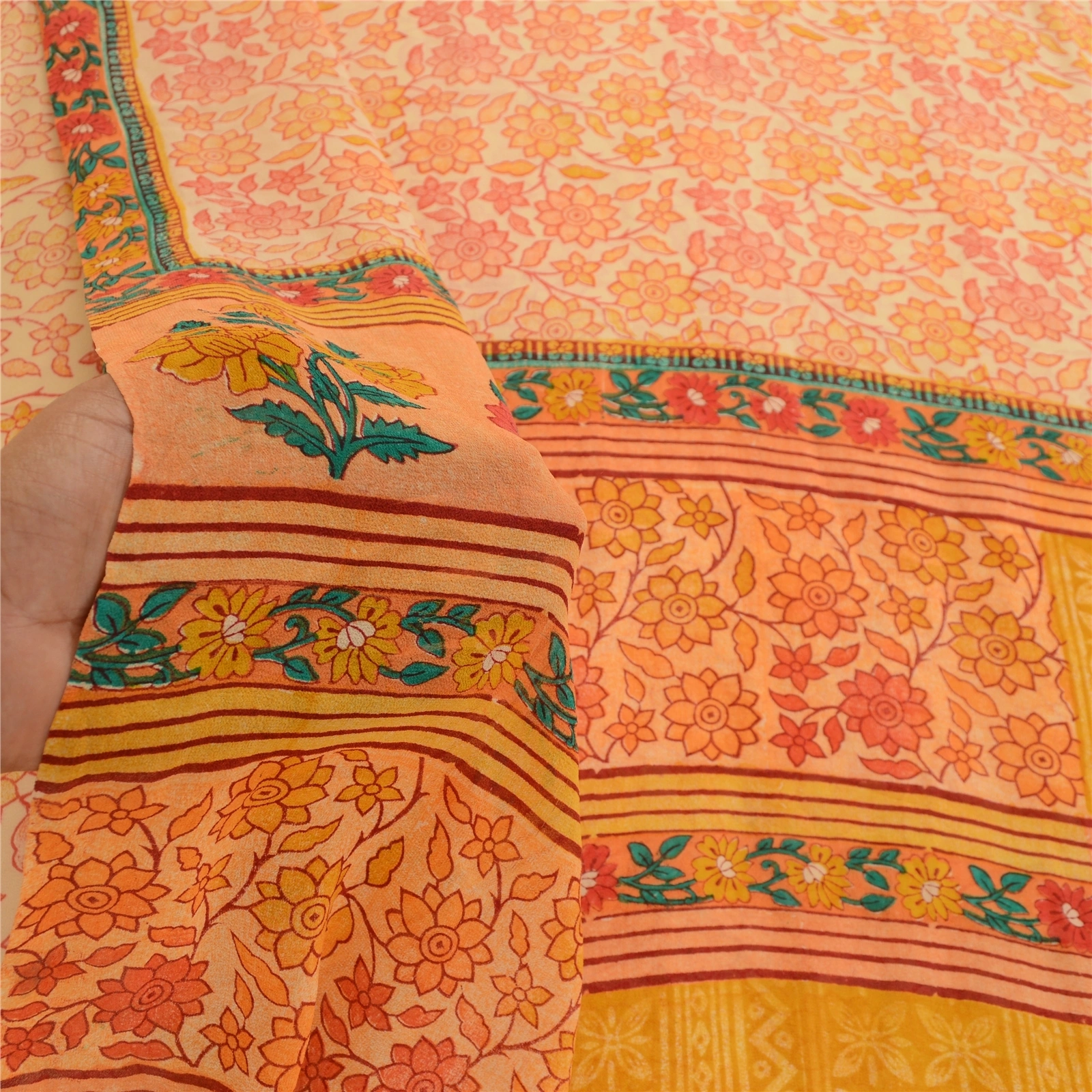 Sanskriti Vintage Peach Sarees Pure Georgette Silk Printed Sari 5Yd Craft Fabric, PRG-10971-Peach-Printed Floral Design-Pure Georgette Silk-4