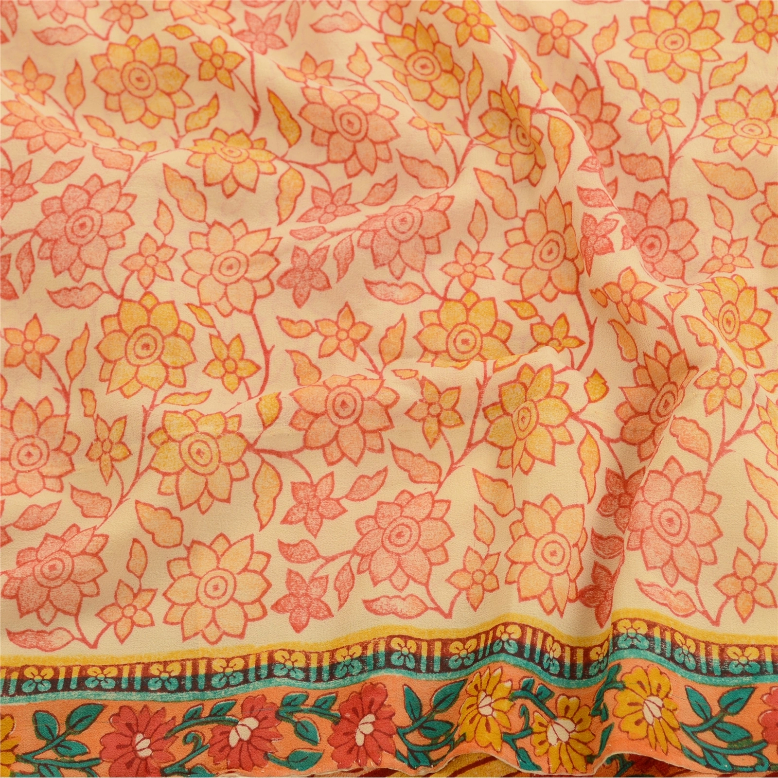 Sanskriti Vintage Peach Sarees Pure Georgette Silk Printed Sari 5Yd Craft Fabric, PRG-10971-Peach-Printed Floral Design-Pure Georgette Silk-6