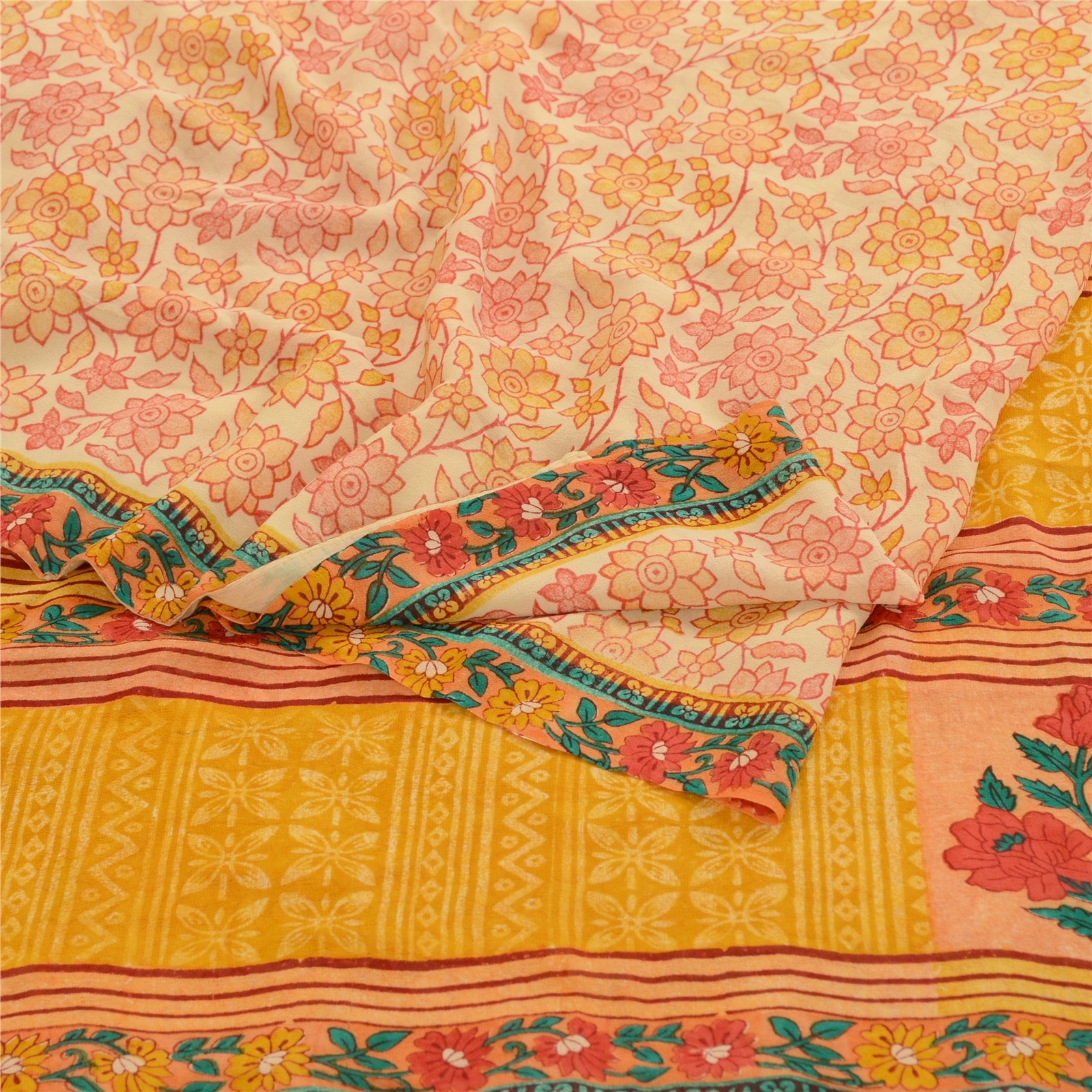 Sanskriti Vintage Peach Sarees Pure Georgette Silk Printed Sari 5Yd Craft Fabric, PRG-10971-Peach-Printed Floral Design-Pure Georgette Silk-7