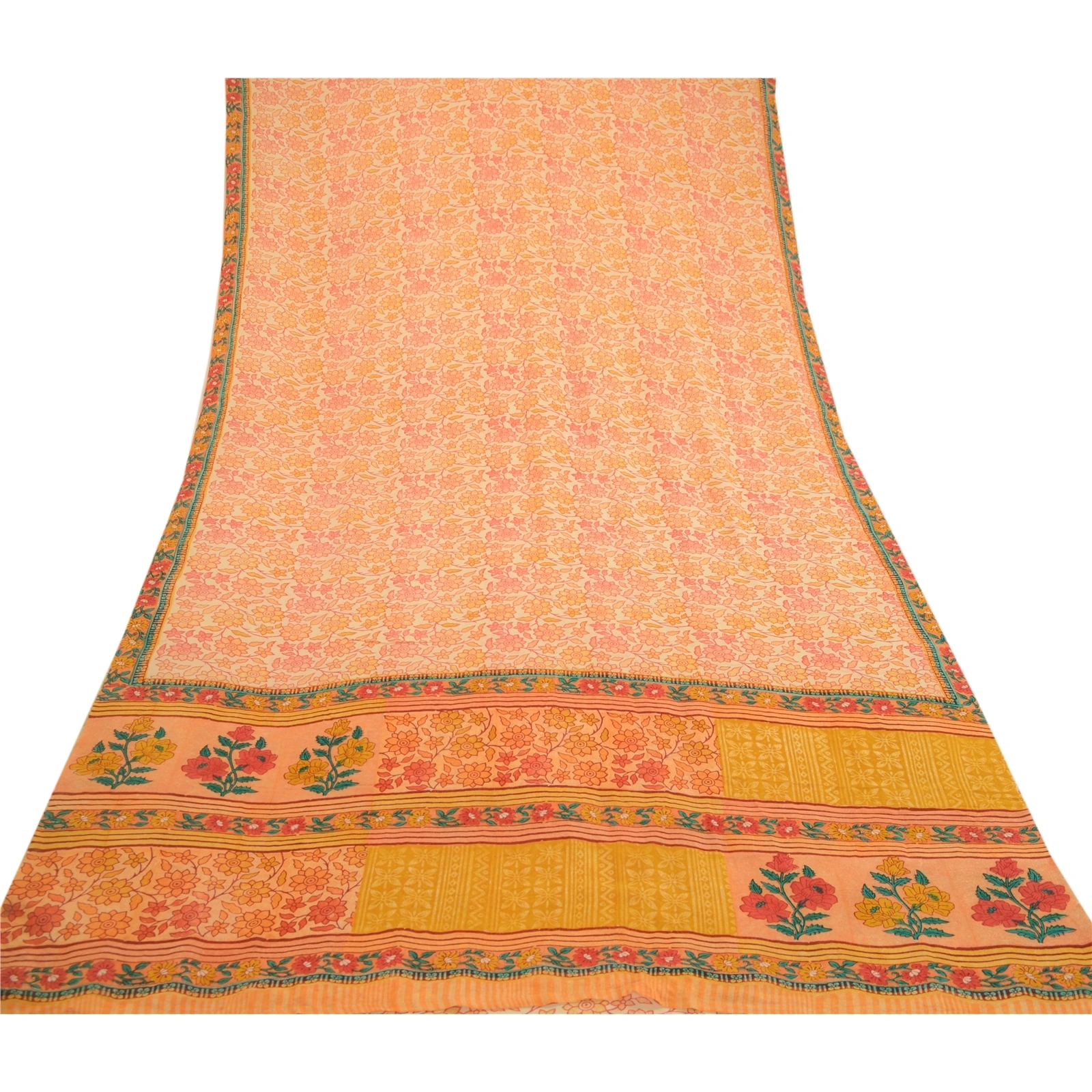 Sanskriti Vintage Peach Sarees Pure Georgette Silk Printed Sari 5Yd Craft Fabric, PRG-10971-Peach-Printed Floral Design-Pure Georgette Silk-8