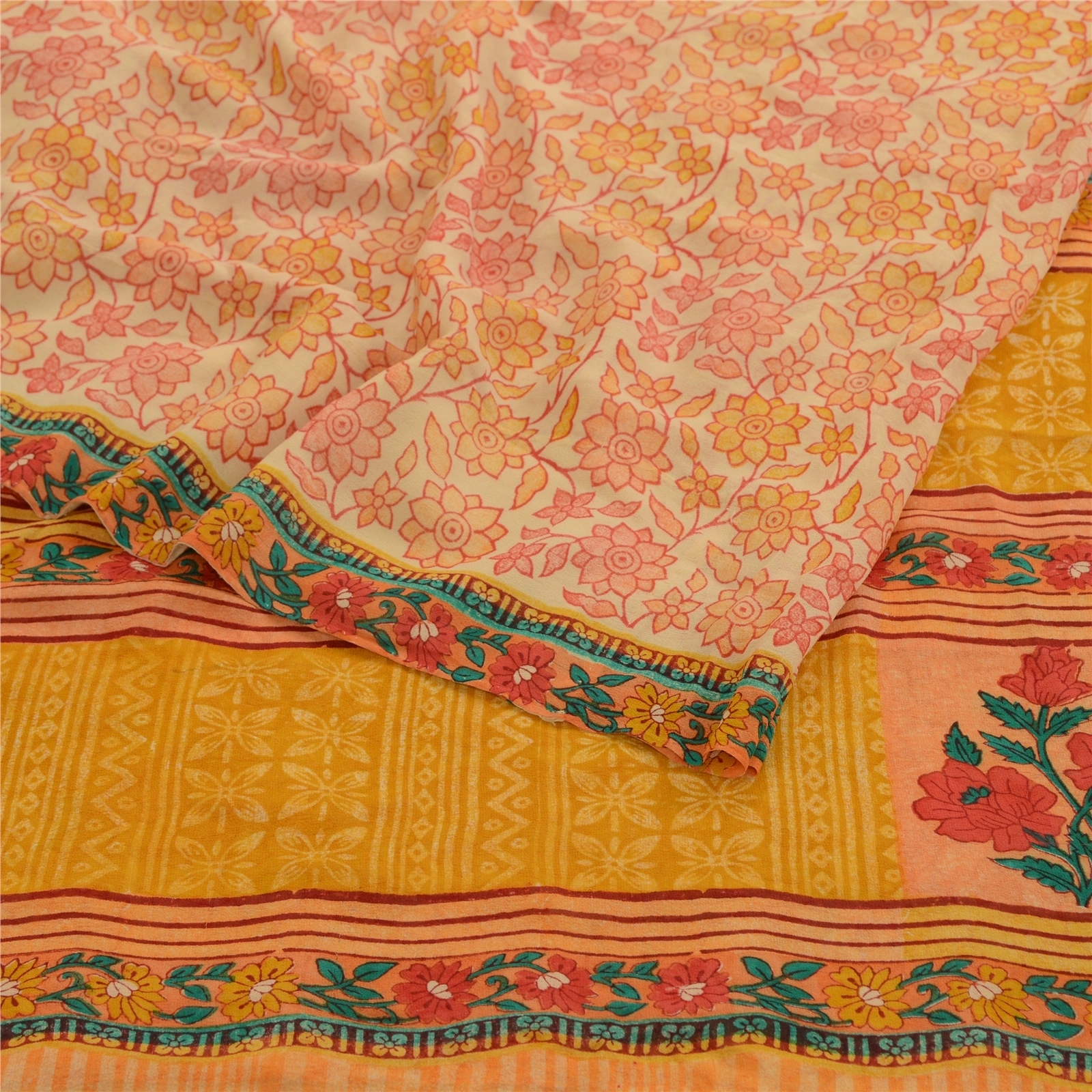 Sanskriti Vintage Peach Sarees Pure Georgette Silk Printed Sari 5Yd Craft Fabric, PRG-10971-Peach-Printed Floral Design-Pure Georgette Silk-9