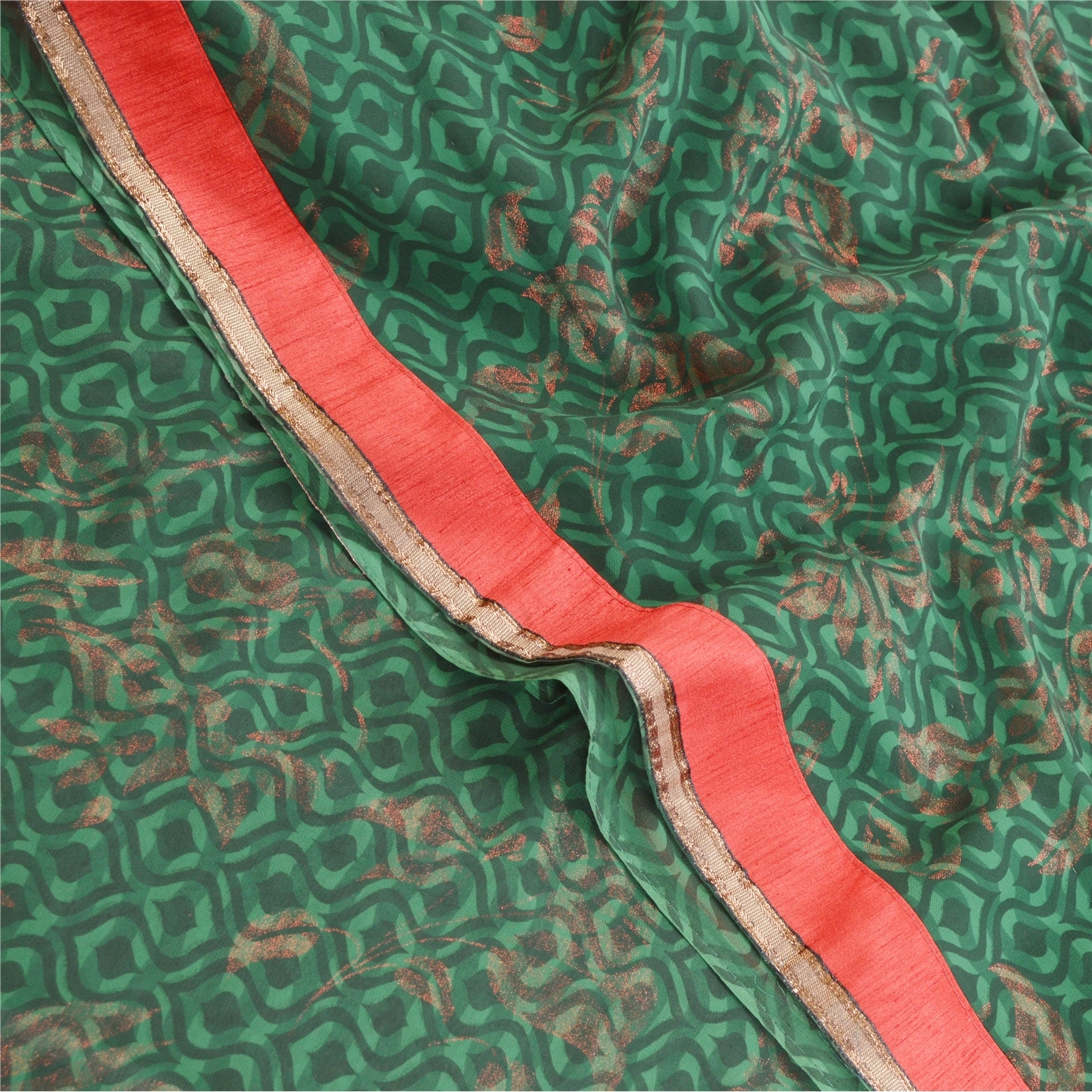 Sanskriti Vintage Green Sarees Embroidered Patch Pure Georgette Silk Sari Fabric, PRG-10981-Green-Printed Floral Design-Pure Georgette Silk-1