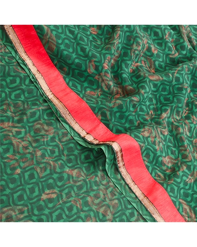 Sanskriti Vintage Green Sarees Embroidered Patch Pure Georgette Silk Sari Fabric, PRG-10981-Green-Printed Floral Design-Pure Georgette Silk-1
