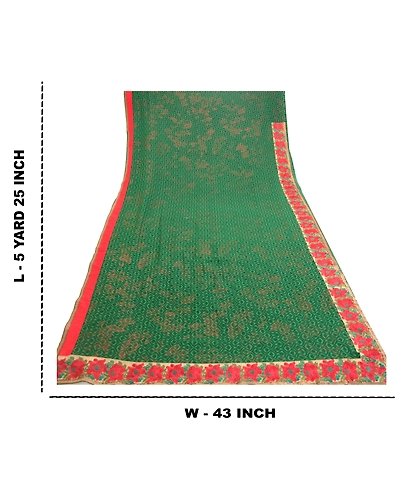Sanskriti Vintage Green Sarees Embroidered Patch Pure Georgette Silk Sari Fabric, PRG-10981-Green-Printed Floral Design-Pure Georgette Silk-3