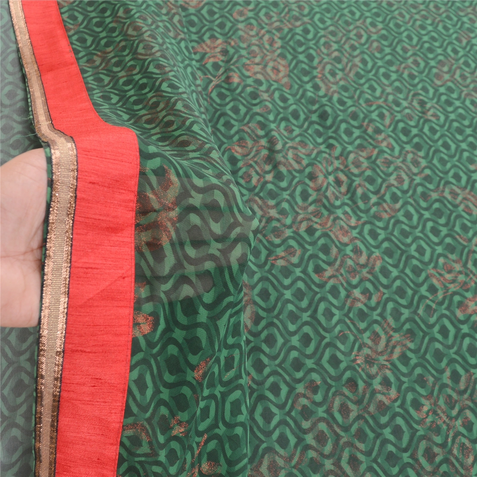 Sanskriti Vintage Green Sarees Embroidered Patch Pure Georgette Silk Sari Fabric, PRG-10981-Green-Printed Floral Design-Pure Georgette Silk-4