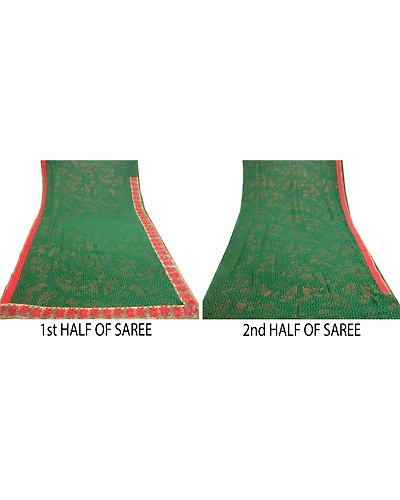 Sanskriti Vintage Green Sarees Embroidered Patch Pure Georgette Silk Sari Fabric, PRG-10981-Green-Printed Floral Design-Pure Georgette Silk-5