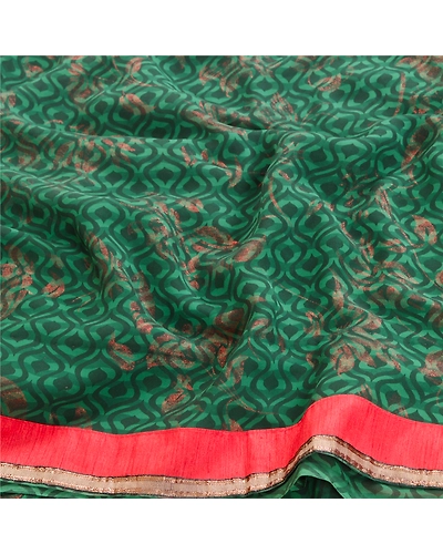 Sanskriti Vintage Green Sarees Embroidered Patch Pure Georgette Silk Sari Fabric, PRG-10981-Green-Printed Floral Design-Pure Georgette Silk-6