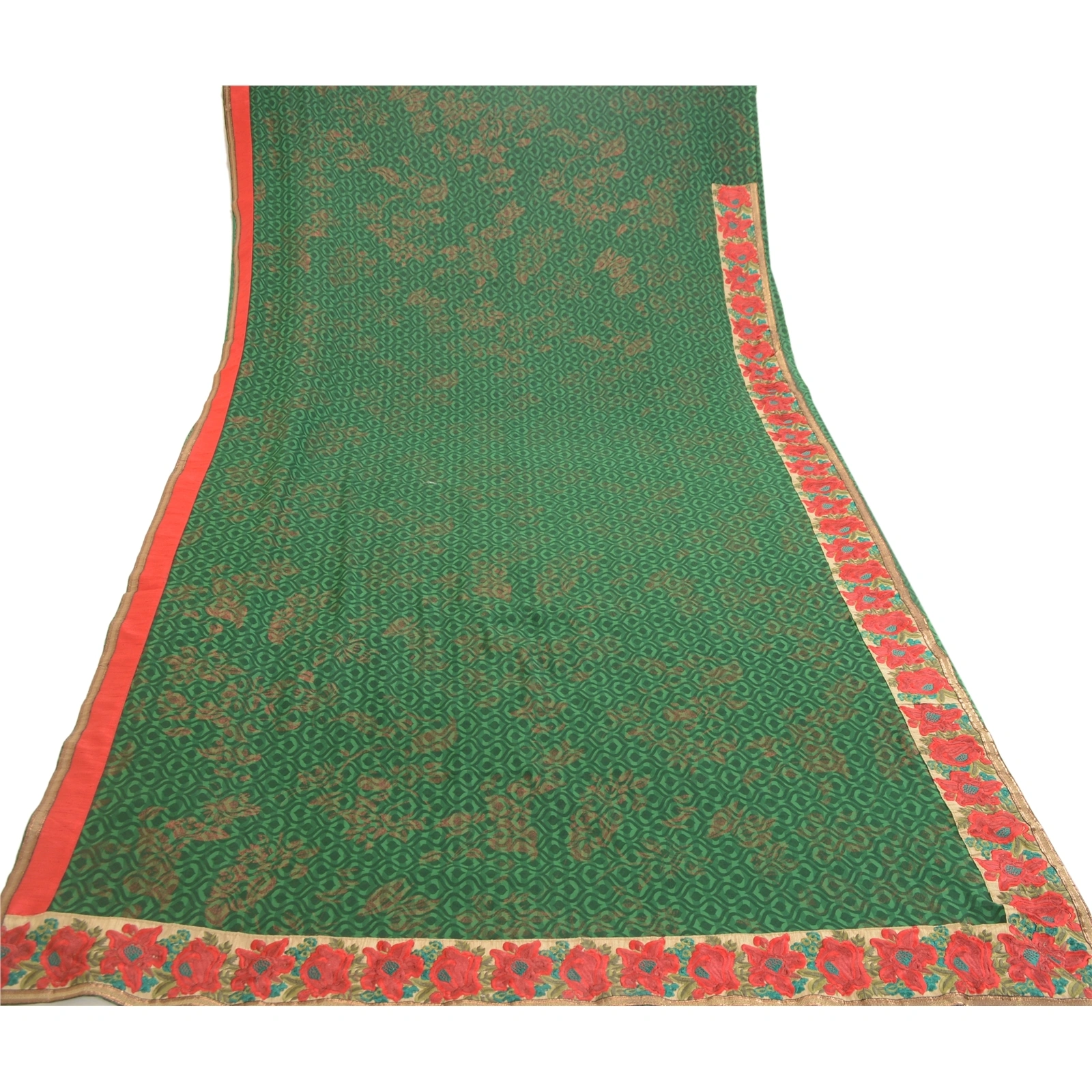 Sanskriti Vintage Green Sarees Embroidered Patch Pure Georgette Silk Sari Fabric, PRG-10981-Green-Printed Floral Design-Pure Georgette Silk-8