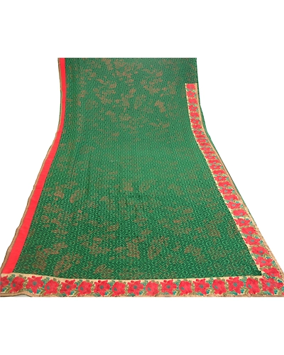 Sanskriti Vintage Green Sarees Embroidered Patch Pure Georgette Silk Sari Fabric, PRG-10981-Green-Printed Floral Design-Pure Georgette Silk-8