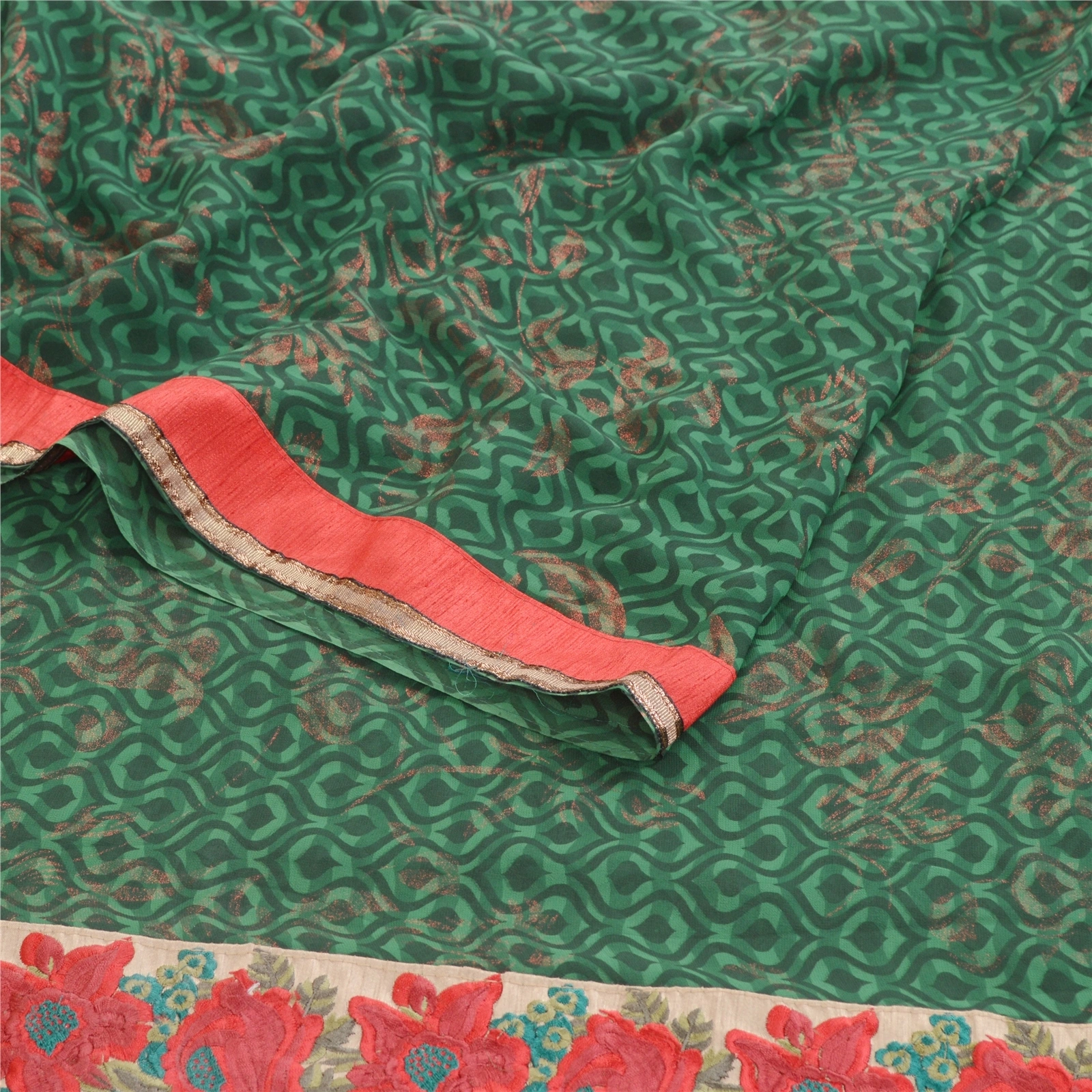 Sanskriti Vintage Green Sarees Embroidered Patch Pure Georgette Silk Sari Fabric, PRG-10981-Green-Printed Floral Design-Pure Georgette Silk-9