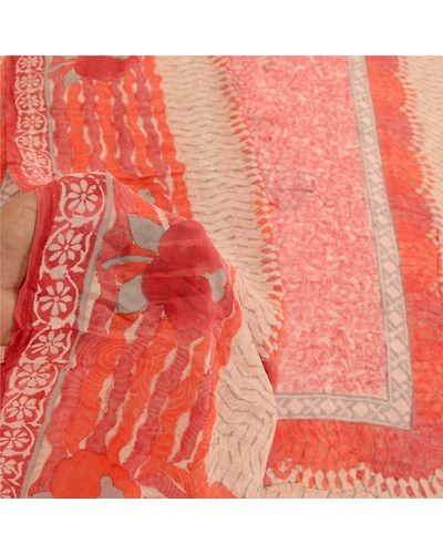 Sanskriti Vintage Red Sarees Pure Georgette Silk Printed Sari 5Yd Craft Fabric, PRG-10998-Red-Printed Floral Design-Pure Georgette Silk-4