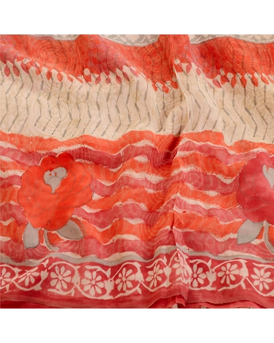Sanskriti Vintage Red Sarees Pure Georgette Silk Printed Sari 5Yd Craft Fabric, PRG-10998-Red-Printed Floral Design-Pure Georgette Silk-6