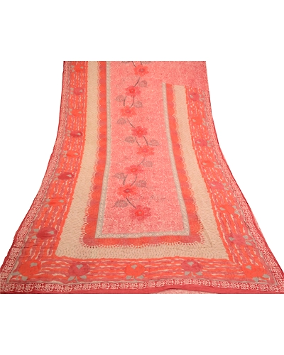 Sanskriti Vintage Red Sarees Pure Georgette Silk Printed Sari 5Yd Craft Fabric, PRG-10998-Red-Printed Floral Design-Pure Georgette Silk-8