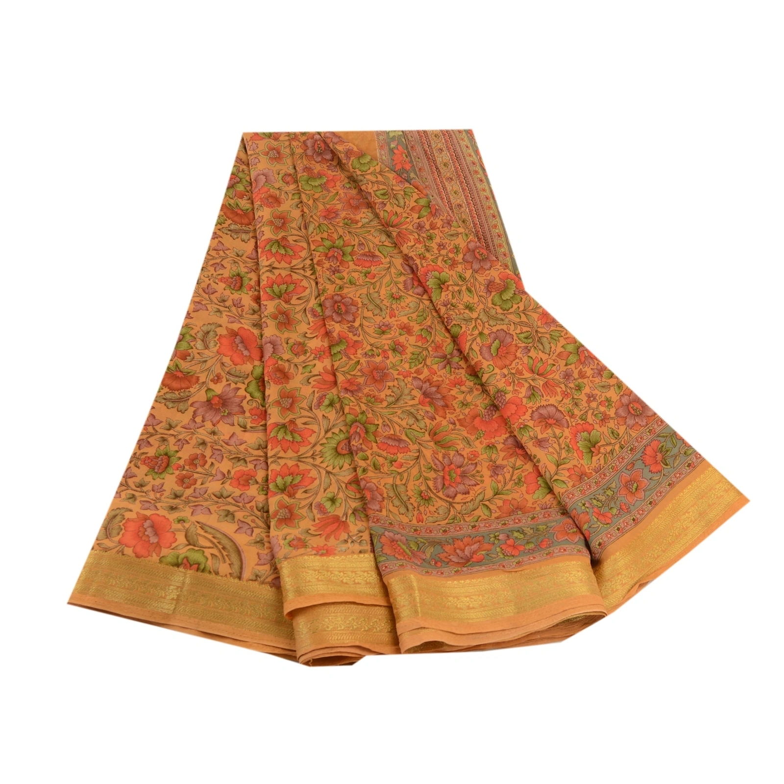 Sanskriti Vintage Brown Printed Sarees Georgette Zari Border Sari Craft Fabric, PRG-11007-Brown-Printed Floral Design-Georgette-2